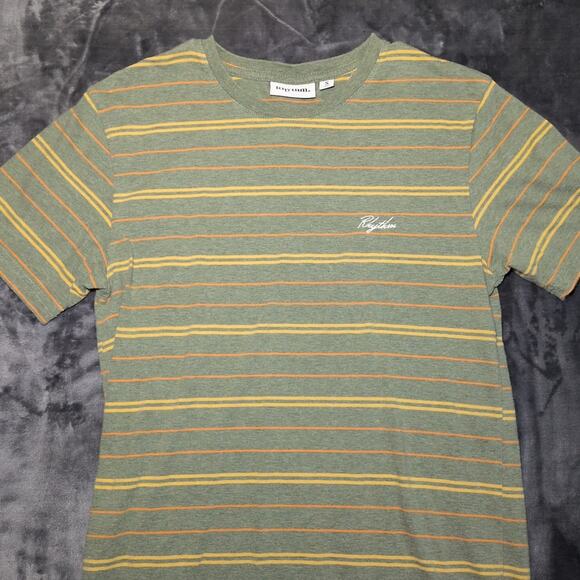 Rhythm Shirt Mens Small Everyday Green Stripe Crewneck Ringer Tee Beach - Picture 1 of 5